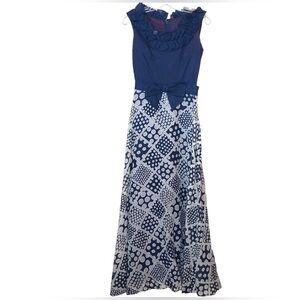 Vintage Miss Elliette Maxi Dress Size 6 Blue Polka Dots Ruffle Geometric 60s